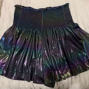 QUEEN OF SPARKLES Iridescent Black Shorts with Purple & Green Sheen